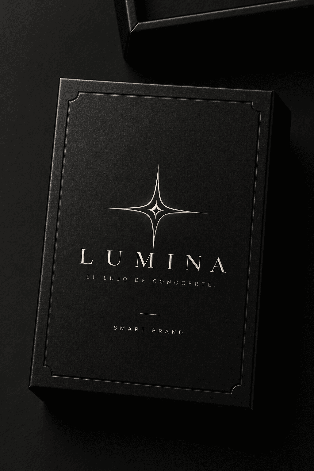 La caja premium de Lumina en negro con el logo de estrella grabado en relieve, el lema El lujo de conocerte y Smart Brand